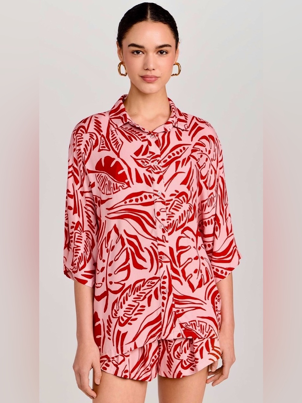 NWT SEVEN WONDERS Venus Shirt Button Up Palm Print XL (14) Santino Pink Pink/Red
